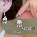 Pink Cloud Crystal Tassel Clip On Earrings With Polished Metal Details view 1