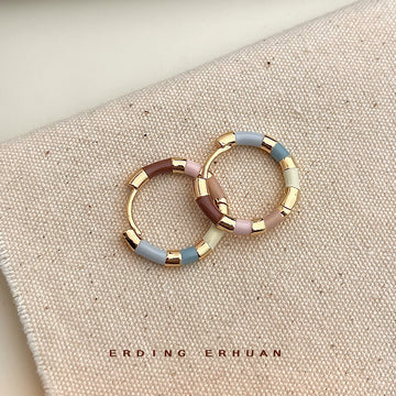 Gold Tone Multicolor Enamel Segmented Round Hoop Earrings