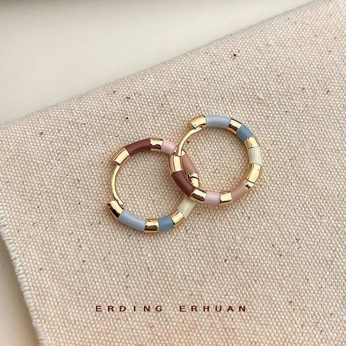 Gold Tone Multicolor Enamel Segmented Round Hoop Earrings