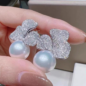 White Gold Three Leaf Clover Pearl Stud Earrings Pavé