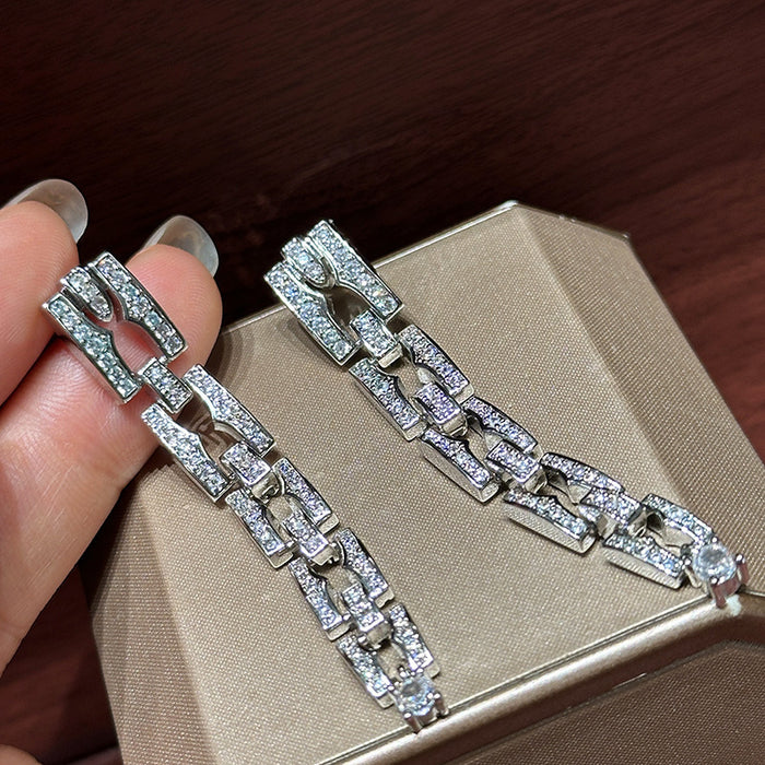 Square Crystal Chain Drop Stud Earrings Fashion Jewelry