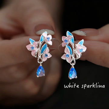 Silver Tone Pink Blue Orchid And Blue Teardrop Stud Earrings