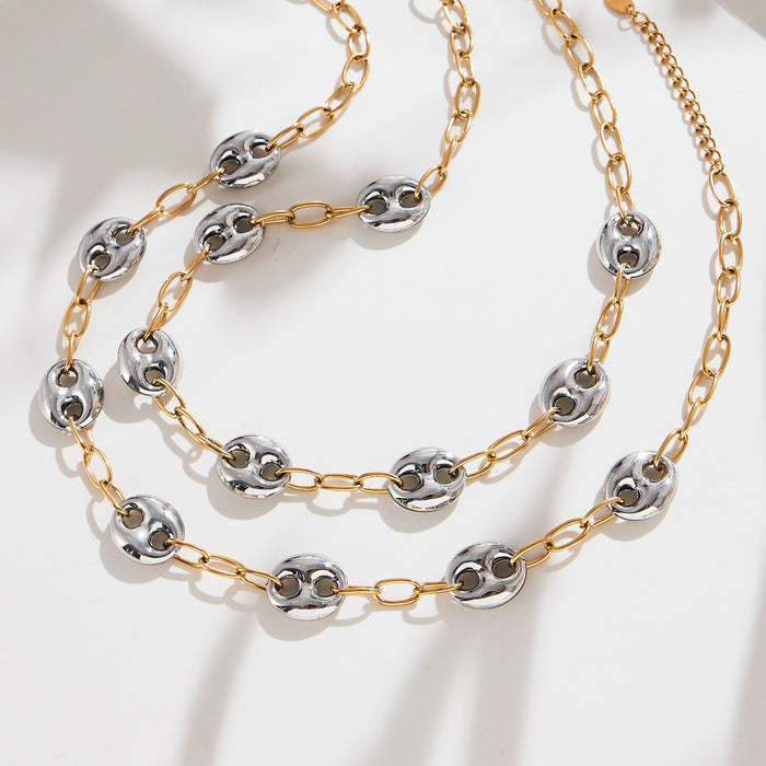 Two-Tone Hollow Mariner Pig Nose Necklace Gold Steel