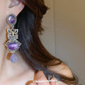 Antique Silver Cat Drop Earrings with Purple Crystal Cabochons view 3