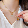 Gold Layered Necklace Rhinestone Drops Purple Hoop Earrings view 1