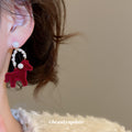 Burgundy Flocked Horse Drop Earrings With Pearl Accents view 3