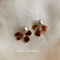 Cream Pearl Amber Brown Enamel Flower Drop Earrings view 3