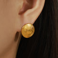 Gold Round Wave Texture Disc Stud Earrings Polished Metal view 3