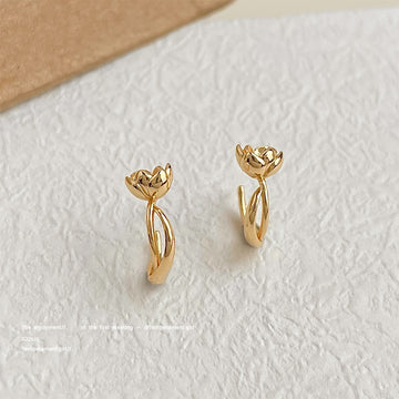 Gold Lotus Flower Bud Stud Earrings Curved Stem Pair