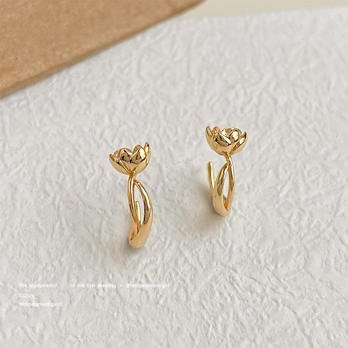 Gold Lotus Flower Bud Stud Earrings Curved Stem Pair