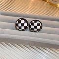 Black and White Checkerboard Round Stud Earrings with Dark Rims view 4