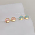 Gold Tone Shell Stud Earrings In Pink And Blue Enamel view 1