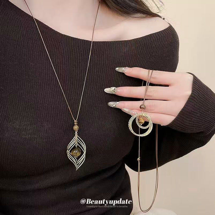 Brown Cabochon Geometric Pendant Necklace Statement Fashion Jewelry