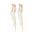 Long Chain Tassel Huggie Earrings in Silver and Gold Tones view 5