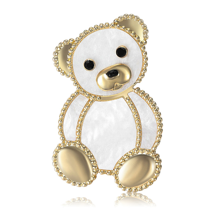 White Teddy Bear Brooch with Gold Tone Crystal Outline