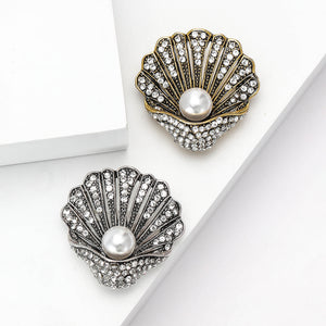 Pearl Shell Rhinestone Brooch Silver Gold Scallop Pin