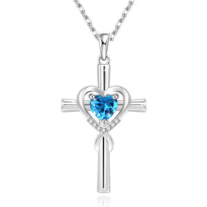 Silver-Tone Heart Cross Necklace with Cubic Zirconia Center