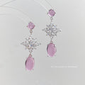 Silver Tone Pink Cabochon Star Drop Earrings Clear Stones view 1
