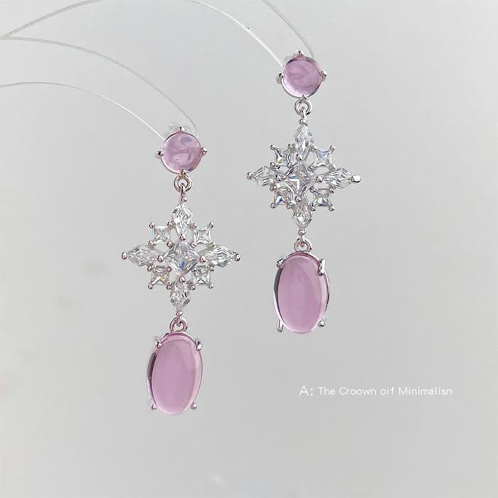 Silver Tone Pink Cabochon Star Drop Earrings Clear Stones