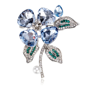 Blue Silver Tone Floral Bouquet Crystal Pearl Look Metal Brooch Pin