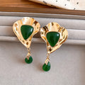 Green Geometric Drop Stud Earrings in Hammered Gold Tone view 6