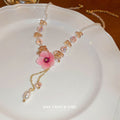 Pink Fabric Flower Crystal Bead Pearl Drop Necklace view 3