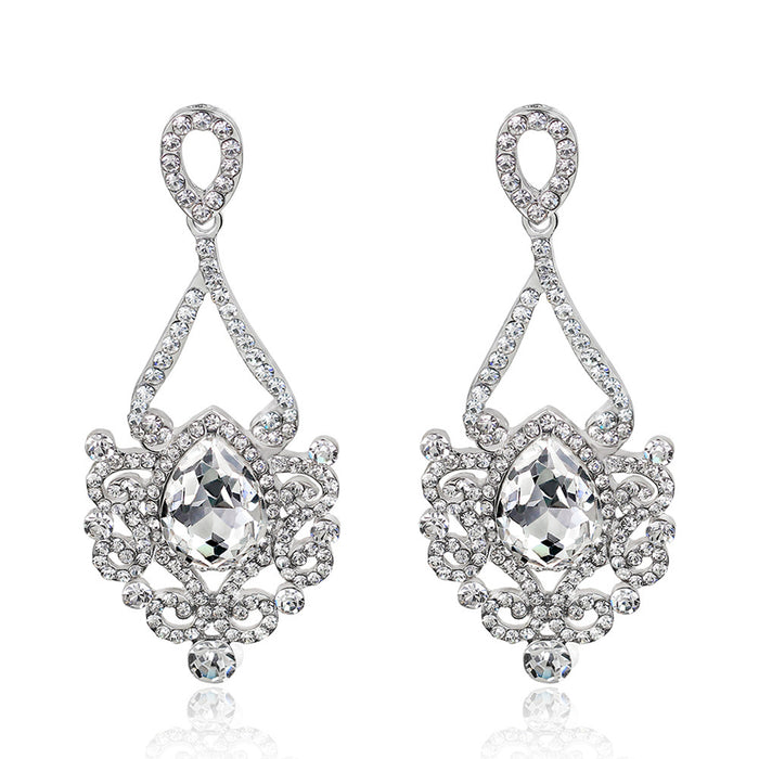 Champagne Silver Tone Champagne Crystal Floral Teardrop Metal Dangle Earrings