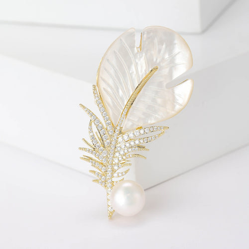 Shell Look Leaf Brooch with Pearl and Crystal Accents grouped product view