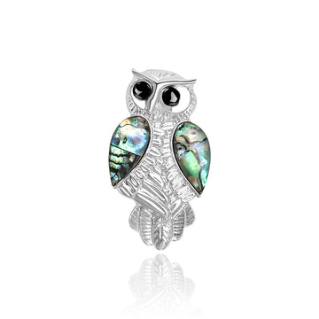 Silver Tone Owl Brooch With Shell Effect Wings and Black Eyes