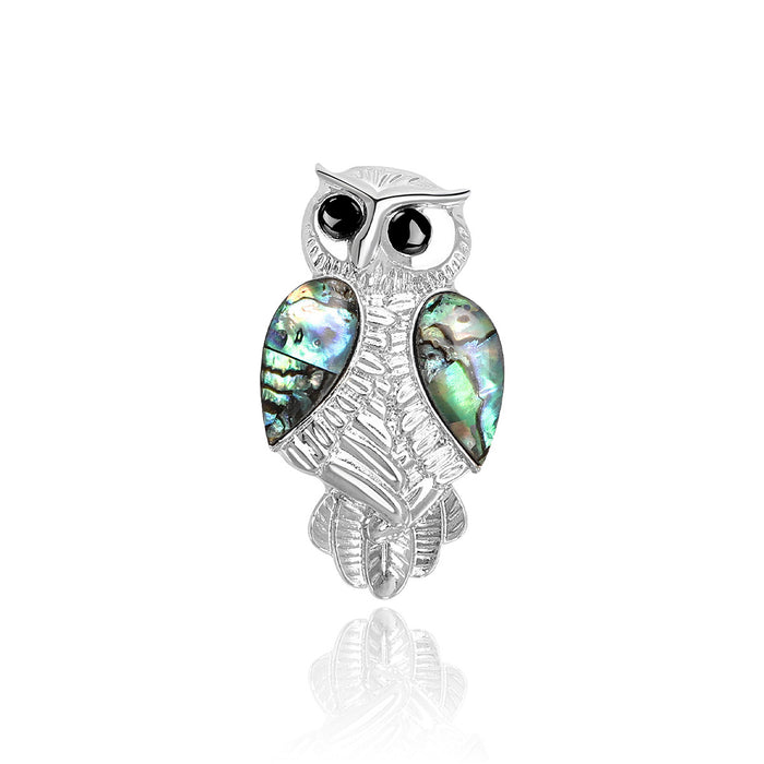 Silver Tone Owl Brooch With Shell Effect Wings and Black Eyes