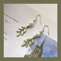Gold Tone White Pearl And Green Leaf Branch Hook Earrings view 2