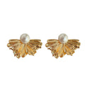 Gold Tone Fan Petal Stud Earrings White Pearl Accent view 5