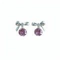 Silver Bow Stud Earrings With Pink Rose Crystal Drops view 5