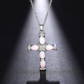 Opal-Look Cross Pendant Necklace Rose Gold and Silver