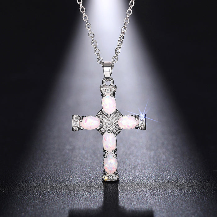 Opal-Look Cross Pendant Necklace Rose Gold and Silver