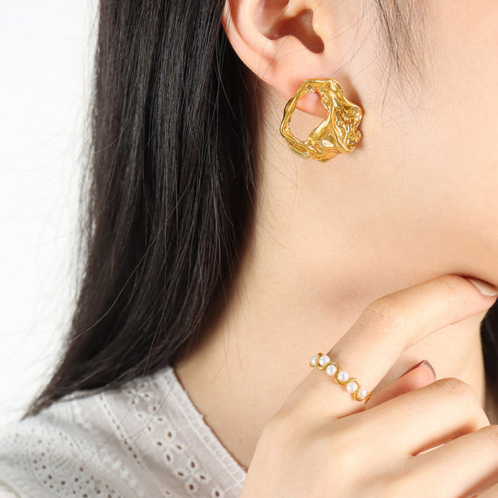 Irregular Hollow Textured Geometric Stud Earrings Gold Steel