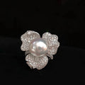 Silver Tone Pearl Center Crystal Camellia Ring Fashion Jewelry view 2