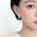 Gold Tone Pink Flower Blue Green Leaf And Clear Teardrop Stud Earrings view 2