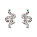 Silver Textured Snake Stud Earrings Green Stone Eyes view 5