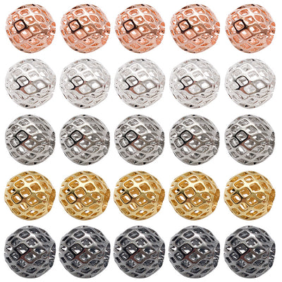Metallic spacer bead beads arranged on a light background