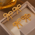 Gold Steel Beaded Bow Stud Titanium Steel Earrings Pair view 2
