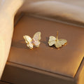 White and Pink Butterfly Small Gold Tone Stud Earrings view 2
