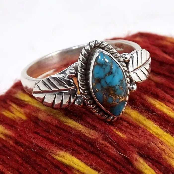 Turquoise-Like Marquise Leaf Ring In Antiqued Silver Tone