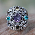 Purple Oval And Multicolor Stone Filigree Wide Ring Antiqued Silver view 1