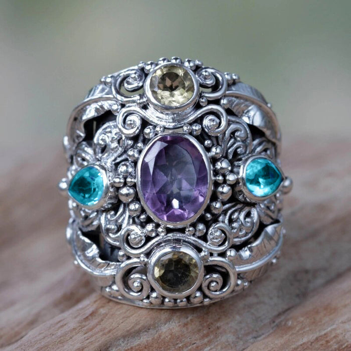 Purple Oval And Multicolor Stone Filigree Wide Ring Antiqued Silver