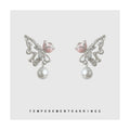 Silver Tone Liquid Butterfly Pearl Drop Earrings Pink Flower view 3