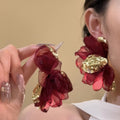 Burgundy And Blush Chiffon Flower Statement Stud Earrings view 2