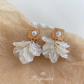 Gold Tone Square Frame Pearl Clear Leaf Cluster Drop Earrings view 4
