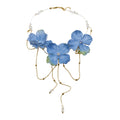 Blue Fabric Flower Statement Necklace with Chain Tassels view 5