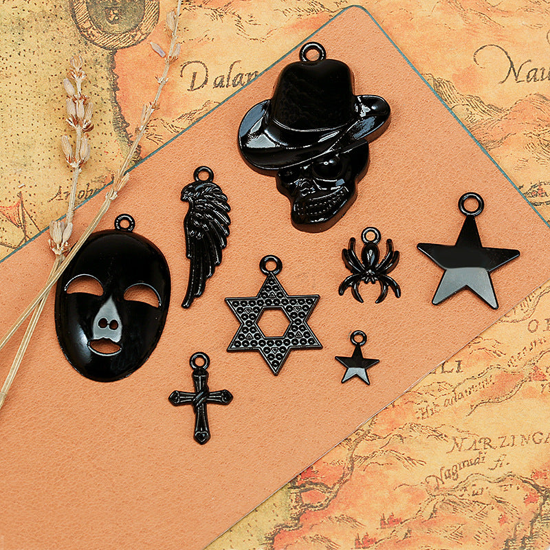 Black Alloy Skull Mask Cross Wing Charm Pendant